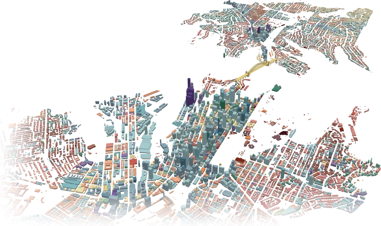 SydMap: Sydney’s buildings in 3D, coloured by the year they were built, from the city centre across the Harbour Bridge to North Sydney.